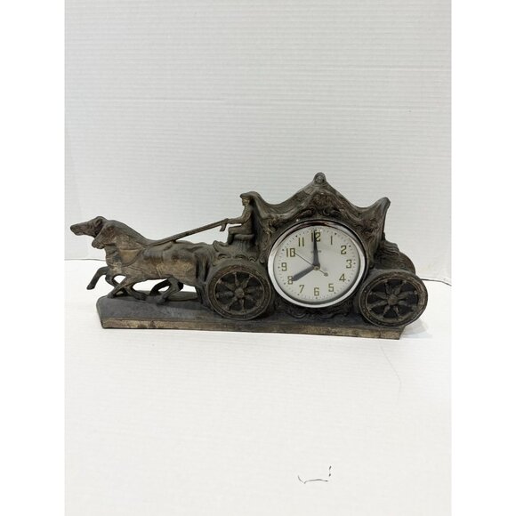 Antique United Electric Two Horses & Carriage Pewter Made In USA Mantel Clock
